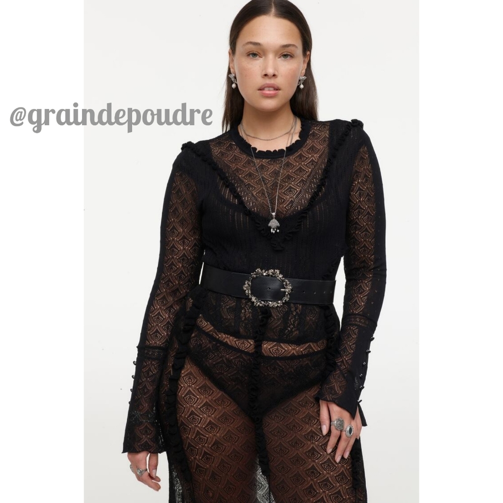 Rare! Zara Limited Edition Black Sheer Pointelle Knit Ruffle Sweater S